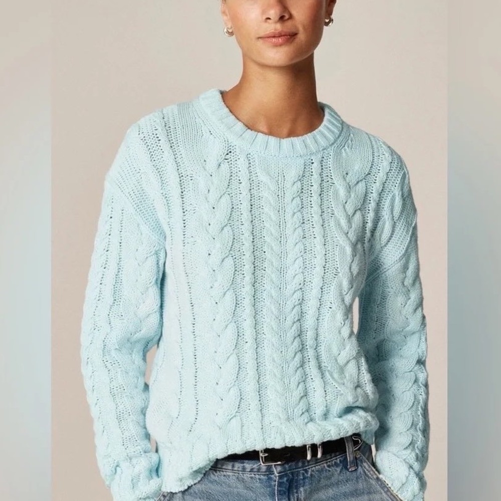 J.Crew Cable Knit Crewneck Sweater S Blue Midday Skies Coastal Preppy Chunky